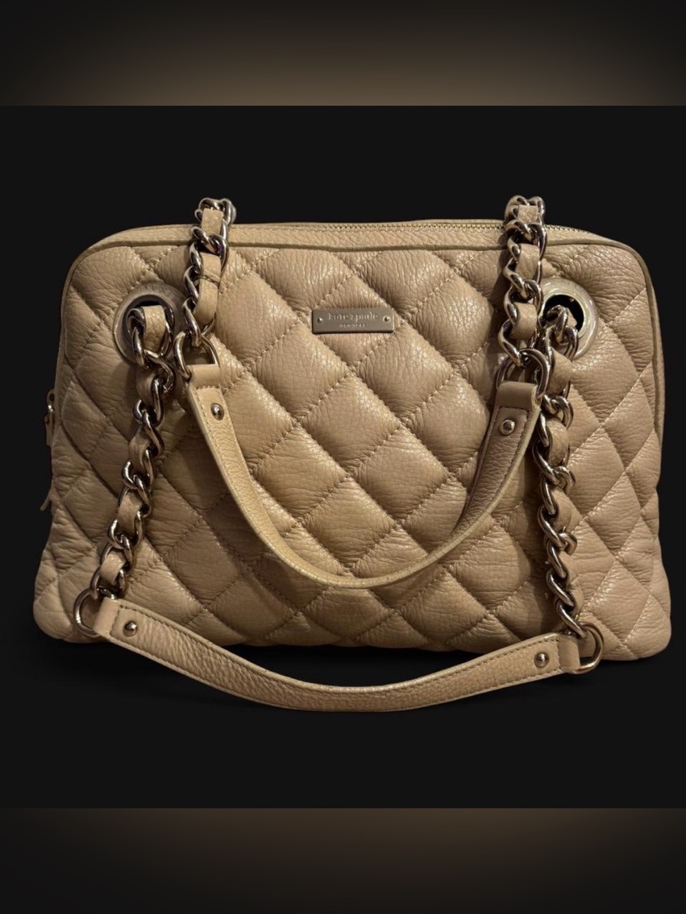 kate spade Quilted Taupe Leather Shoulder Bag with Chain Straps
